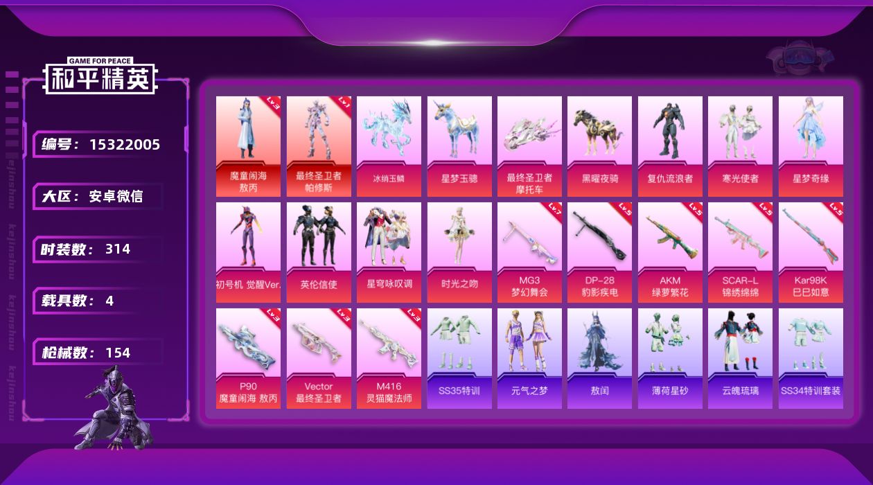 和平精英账号安卓微信[15322005]时装数: 86 载具数: 4 枪械数: 153 战备数: 113 热门装扮: 寒