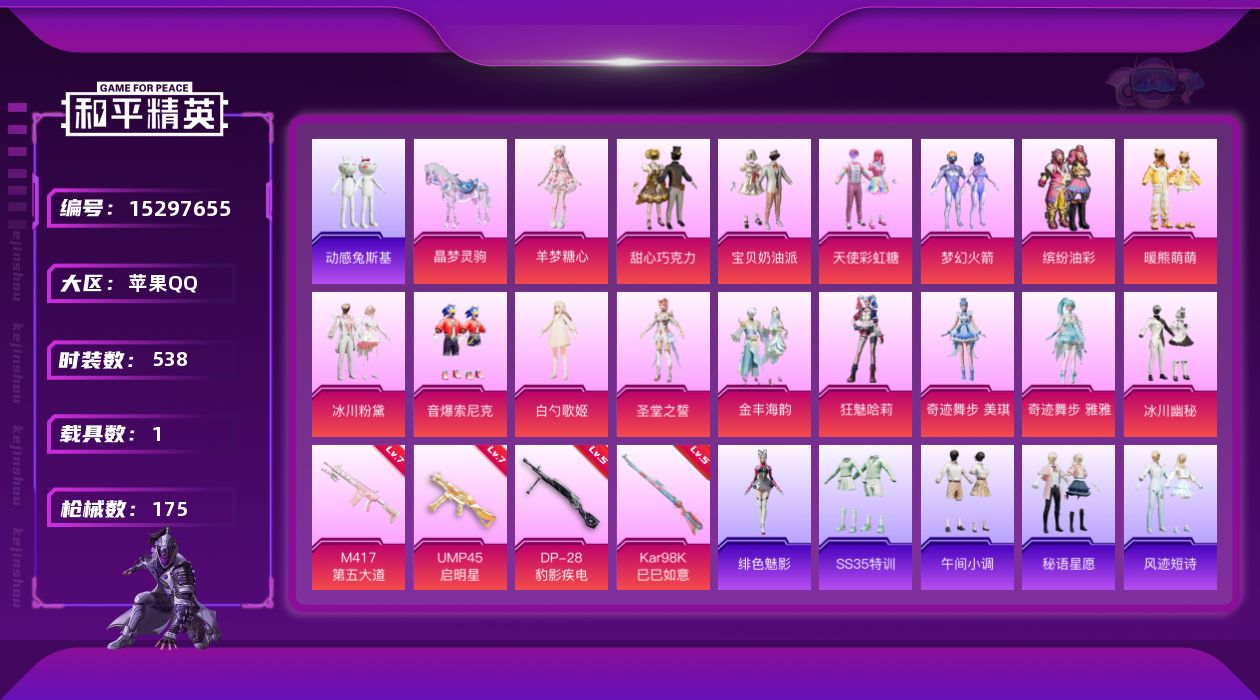 和平精英账号苹果QQ[15297655]16粉装 4特效枪 1载具 9印记 可二次 可修改实名 
【热门装扮】奇迹舞步-