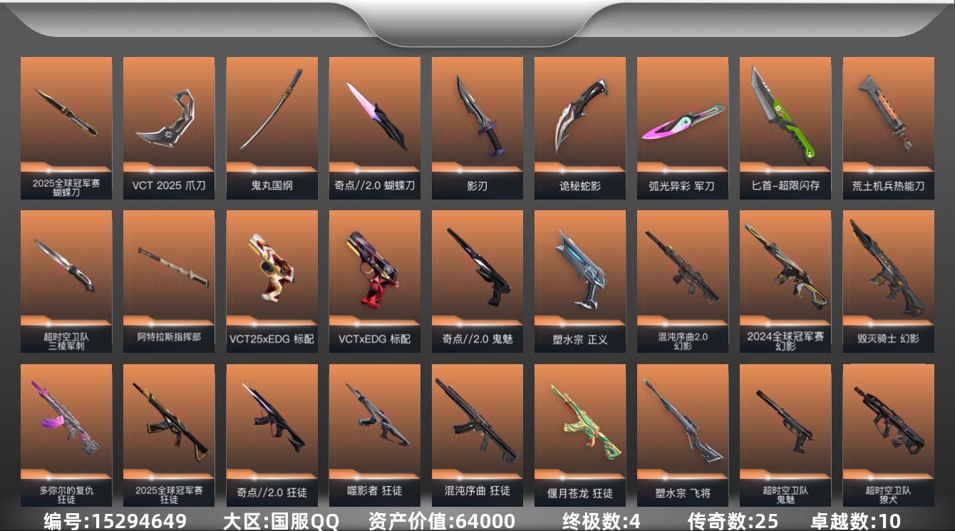 无畏契约账号QQ25橙皮 4金皮 10紫皮 120皮肤 28英雄 167卡面 1530已用源晶 铂金段位 
【亮点皮