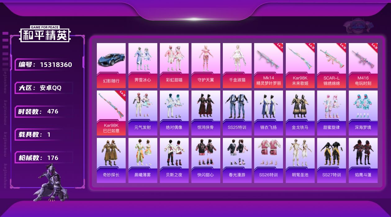 和平精英账号安卓QQ[15318360]实名: 可修改 时装数: 476 载具数: 1 枪械数: 176 战备数: 13