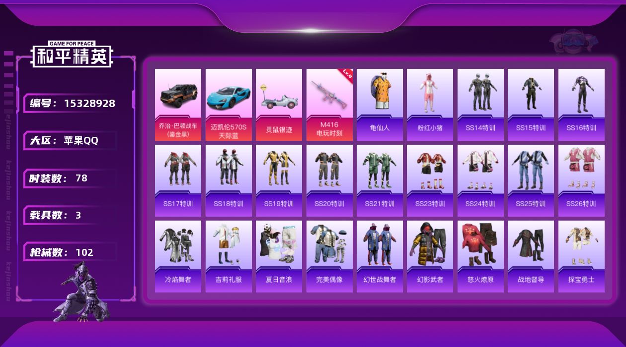 和平精英账号苹果QQ[15328928]【特价出售/店主推荐】苹果 手Q-1特效枪-3载具-1粉色飞行器-3.2w热力值-2王牌印记-78套装-102枪皮
【热门品类】：套装-龟仙人，套装-粉红小猪
【粉色枪皮等级】：M