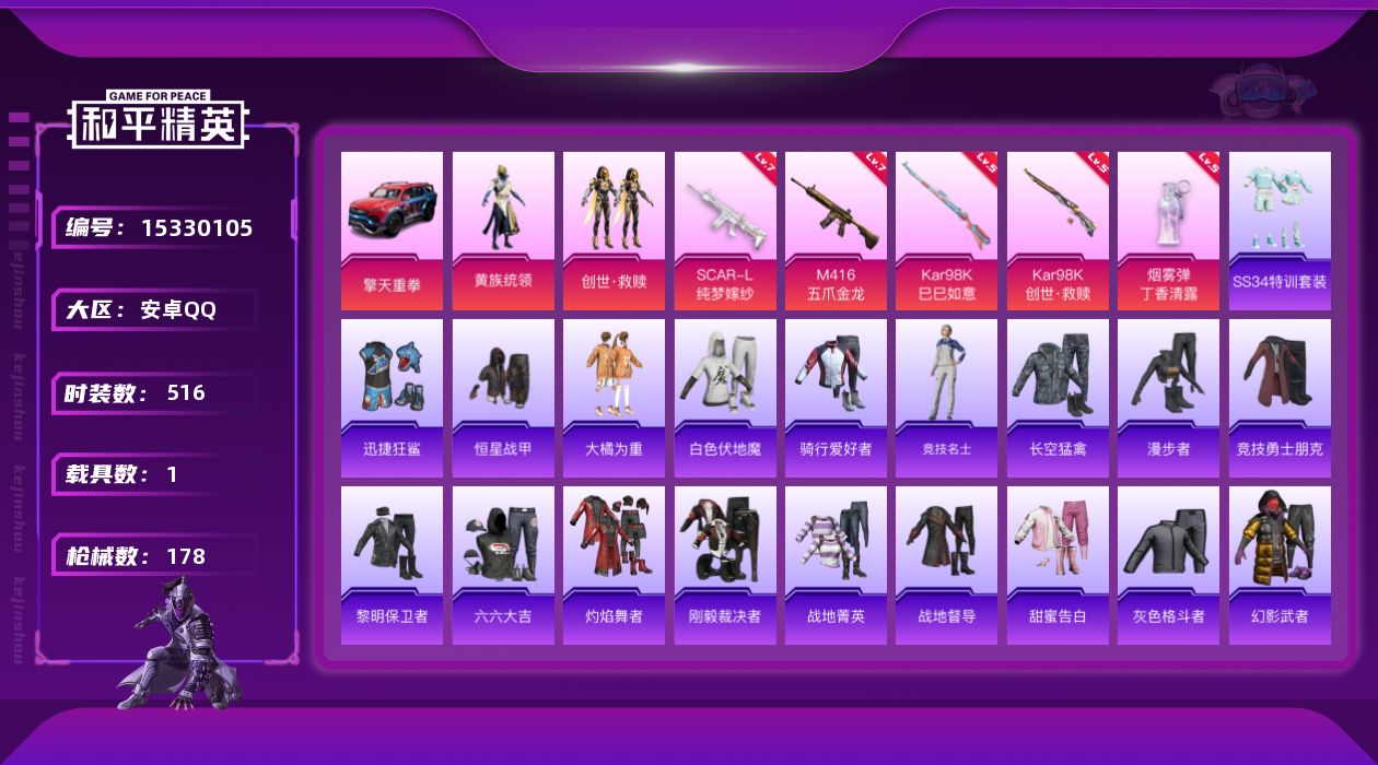 和平精英账号安卓QQ[15330105]2粉装 5特效枪 1载具 10印记 可二次 可修改实名 
【热门装扮】黄族统领,
