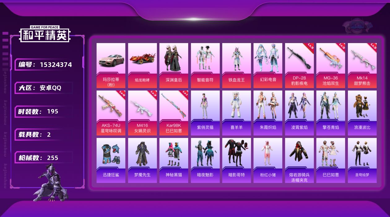 和平精英账号安卓QQ"DF310 可二次 安卓Q-2载具5粉装6特效枪19热门195套装254枪皮 76312热力值 1