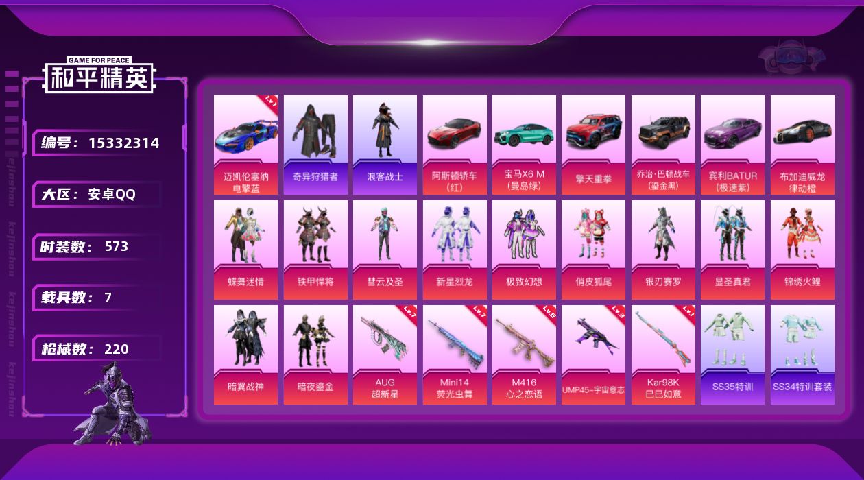 和平精英账号安卓QQ11粉装 5特效枪 7载具 2印记 可二次 可修改实名 
【热门装扮】奇异狩猎者,蝶舞迷情,新星烈龙