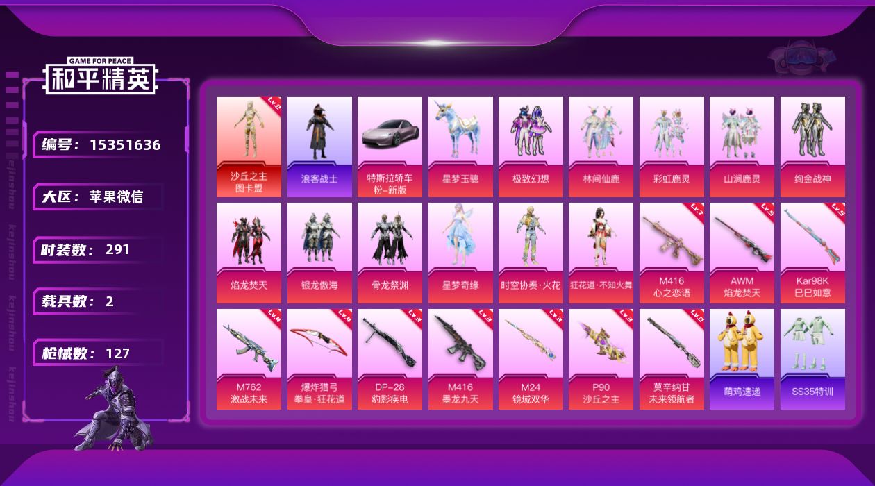 和平精英账号苹果微信[15351636]1红装 11粉装 10特效枪 2载具 21印记 可二次 可修改实名 
【二级神装