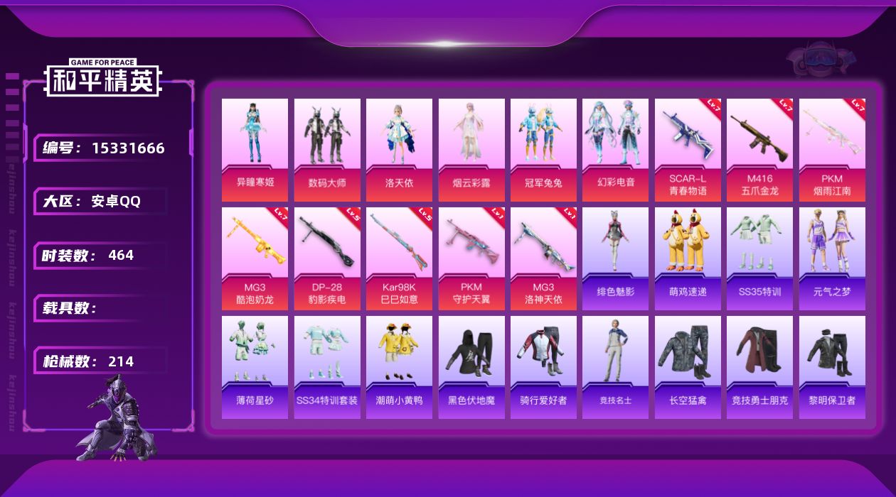 和平精英账号安卓QQ[15331666]6粉装 8特效枪 20印记 可二次 可修改实名 
【热门装扮】:异瞳寒姬,幻彩电