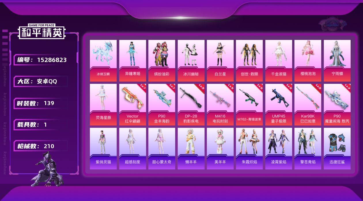 和平精英账号安卓QQ[15286823]DAS8512 包人脸 安卓Q-1载具9粉装8特效枪6热门139套装210枪皮 69418热力值 7印记 历史超级王牌11星  缤纷油彩 P90-魔童闹海敖丙 (3级)
【1载具】