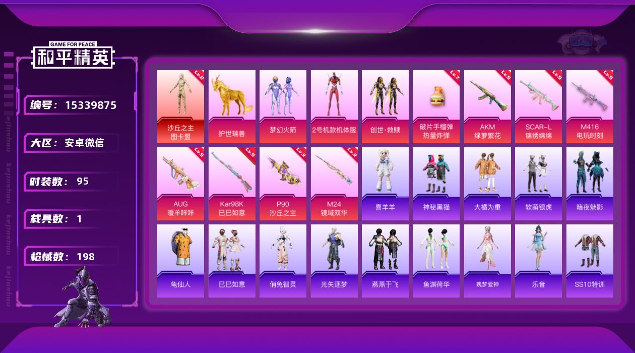 和平精英账号安卓微信[15339875]安卓 微信-1神装-3粉装-8特效枪-1载具-10粉色飞行器-55785热力值-8王牌印记-95套装-198枪皮
【红色神装等级】：沙丘之主-图卡盟(二级)
【红色角色神装】：沙丘