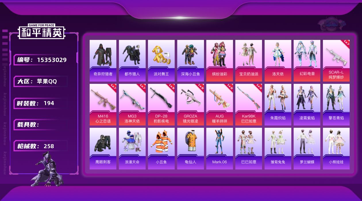 和平精英账号苹果QQ"DFZ6 钱包无法注销 可二次 苹果Q-8稀有4粉装7特效枪19热门194套装257枪皮 7944