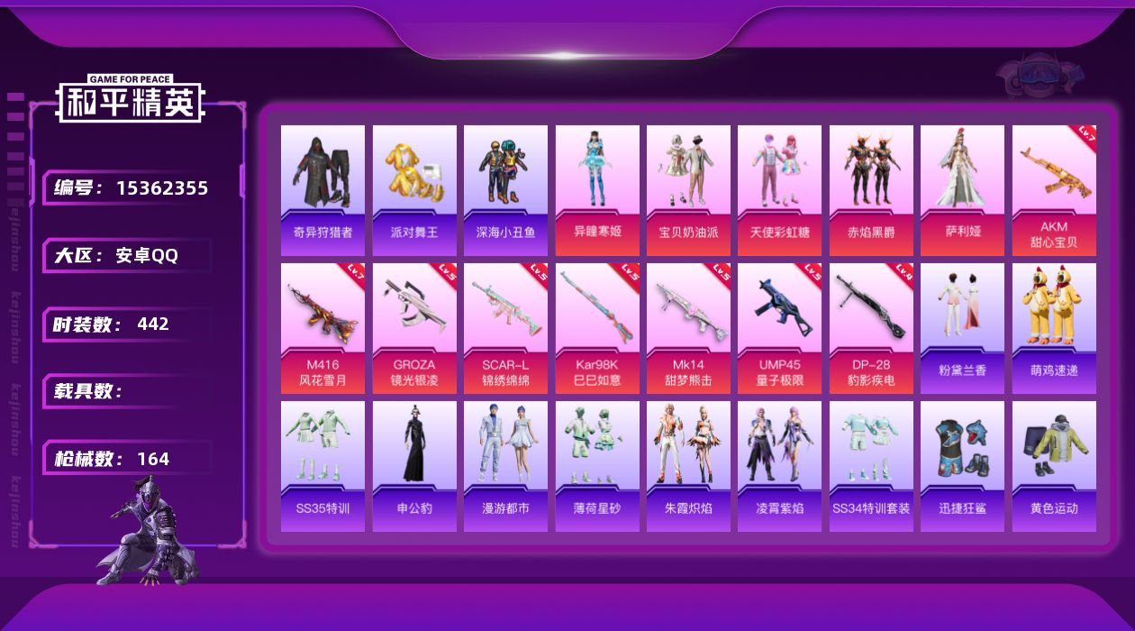 和平精英账号安卓QQ[15362355]5粉装 8特效枪 12印记 可二次 可修改实名 
【热门装扮】萨利娅,奇异狩猎者