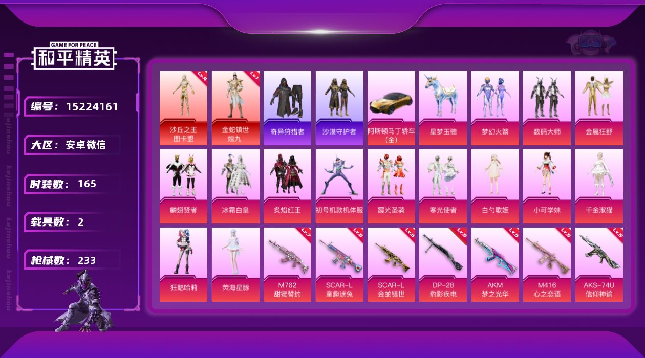 和平精英账号安卓微信[15224161]"DAS8250 有二次安卓V-2红装2稀有2载具14粉装16特效枪18热门165套装233枪皮 97036热力值 24印记 历史绝世王牌25星   金蛇镇世-烛九 (1级) 沙丘