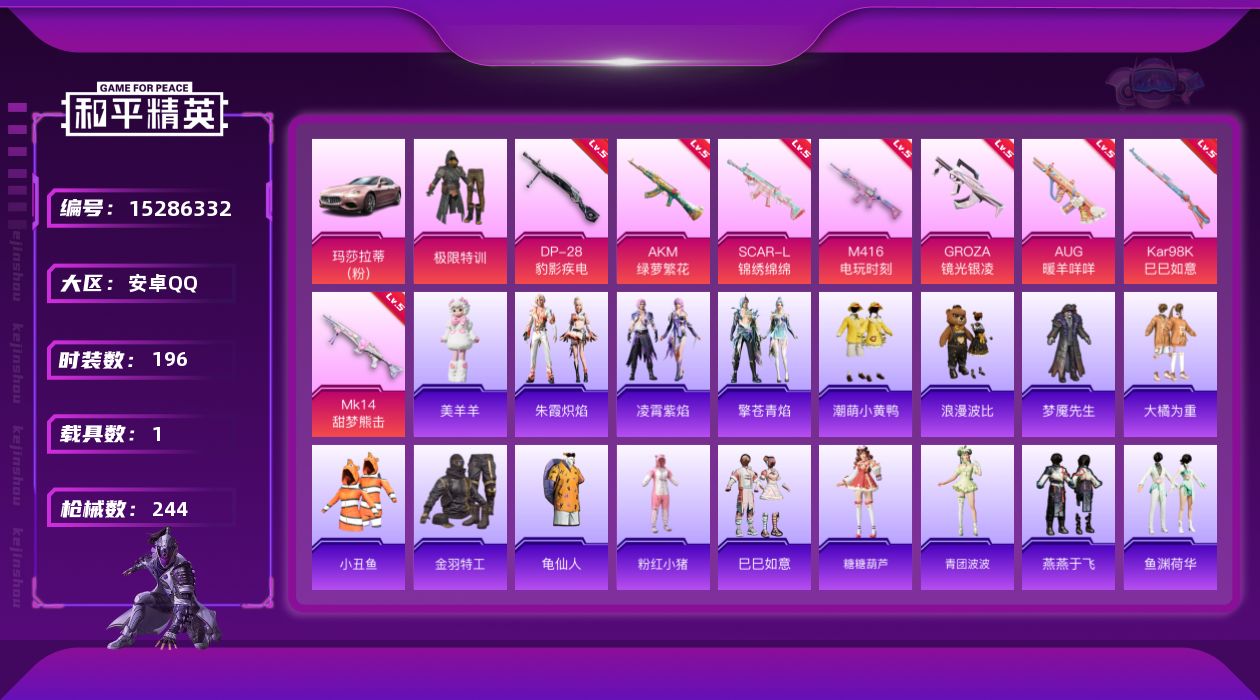 和平精英账号安卓QQDAS9001 包人脸 安卓手Q-15王牌印记-1粉装-8特效枪-1载具-71820热力值-196套