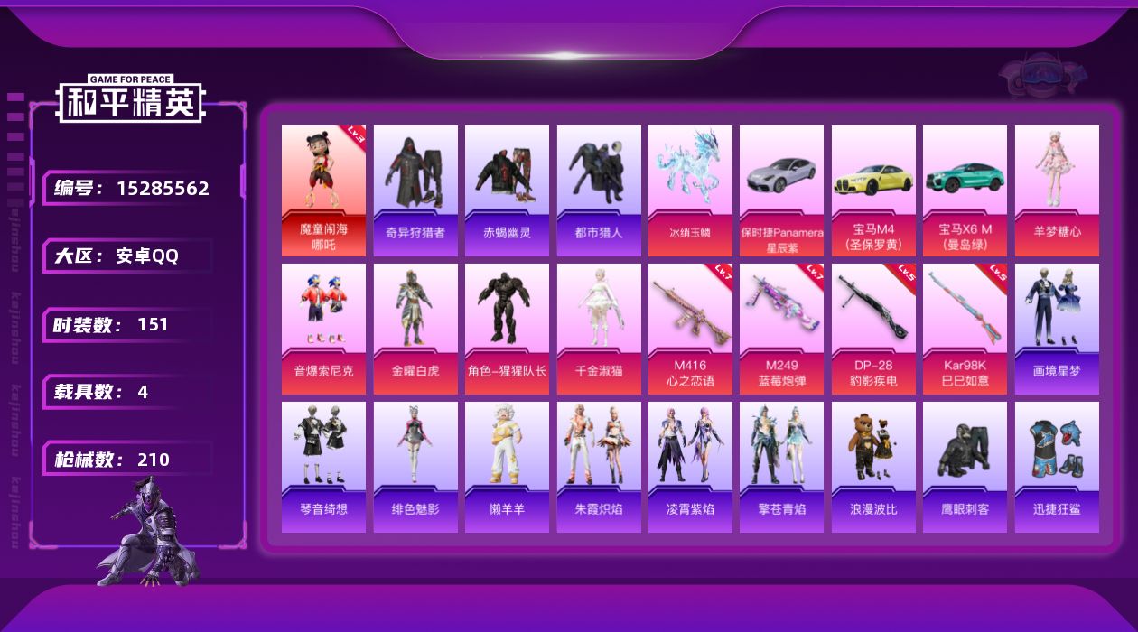 和平精英账号安卓QQ[15285562]DAS9004 可二次 安卓Q-1红装4稀有4载具5粉装4特效枪17热门151套装210枪皮 71608热力值 14印记 历史传奇王牌16星  魔童闹海-哪吒 (3级)  奇异狩猎