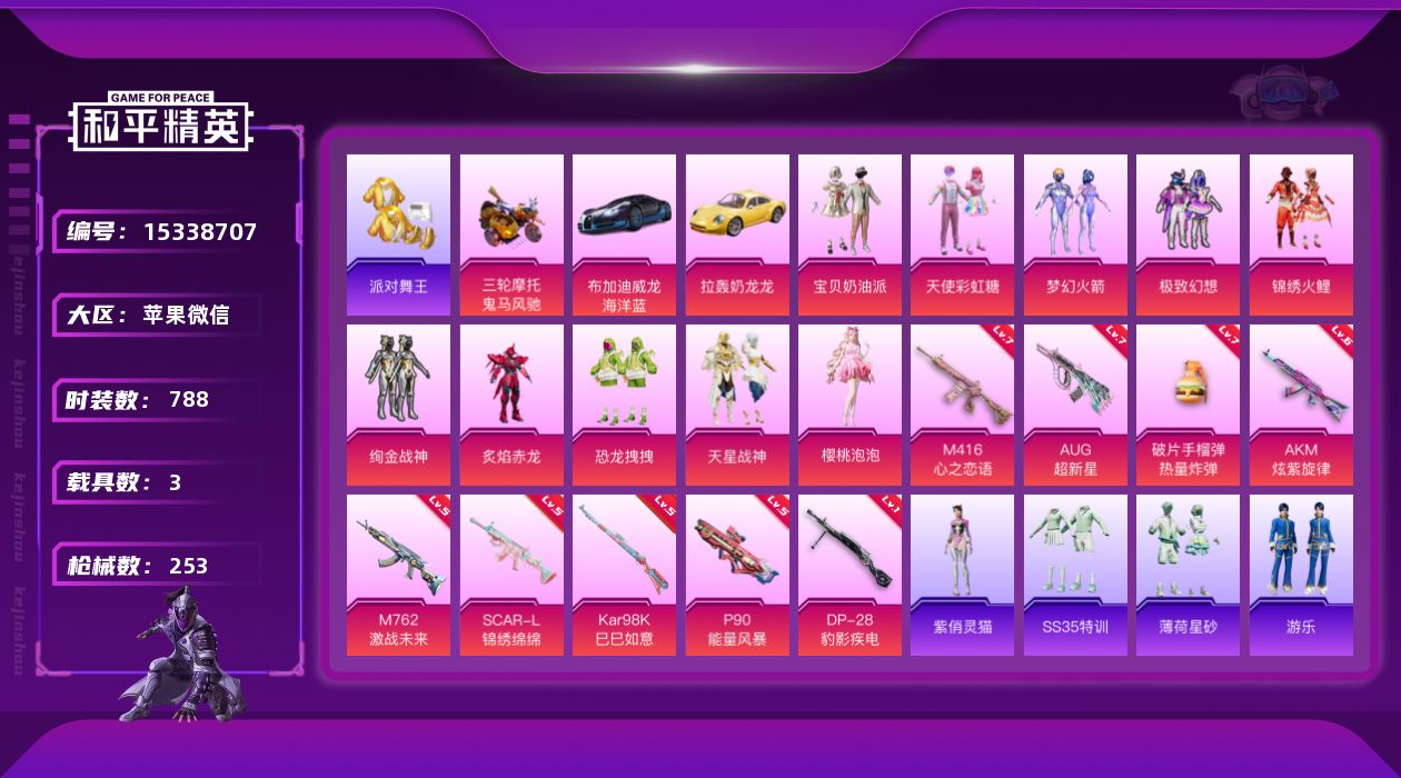 和平精英账号苹果微信[15338707]10粉装 9特效枪 3载具 27印记 可二次 可修改实名 
【热门装扮】樱桃泡泡