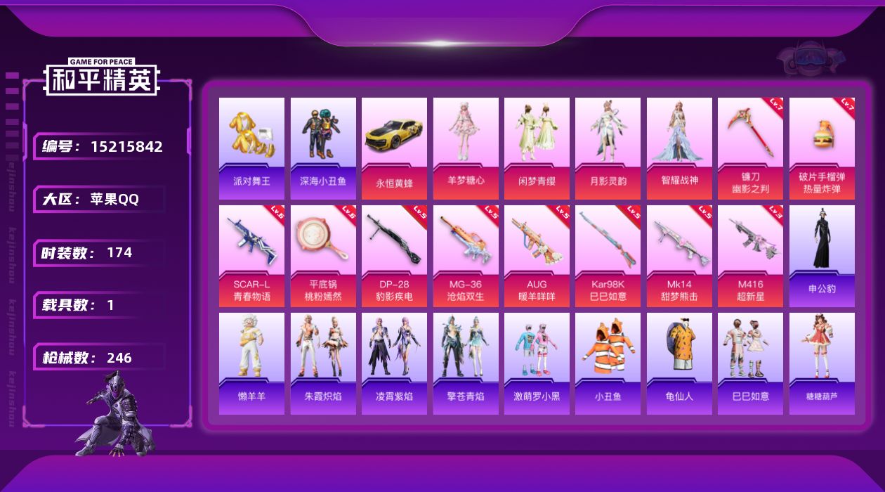 和平精英账号苹果QQ[15215842]"DAS7085 包人脸 苹果Q-2稀有1载具4粉装10特效枪9热门174套装245枪皮 74134热力值 13印记 历史绝世王牌15星  派对舞王（金靴子）  M416-超新星 