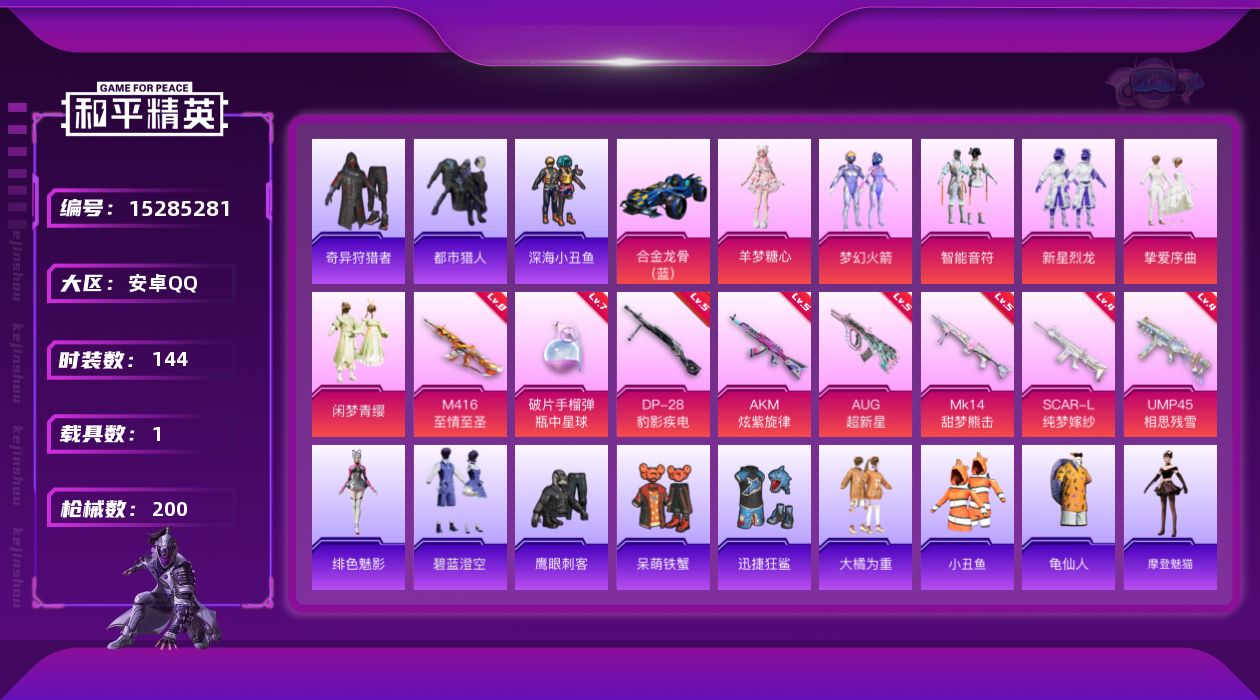 和平精英账号安卓QQ" DF309有二次安卓Q-2稀有1载具7粉装8特效枪17热门144套装200枪皮 66673热力值