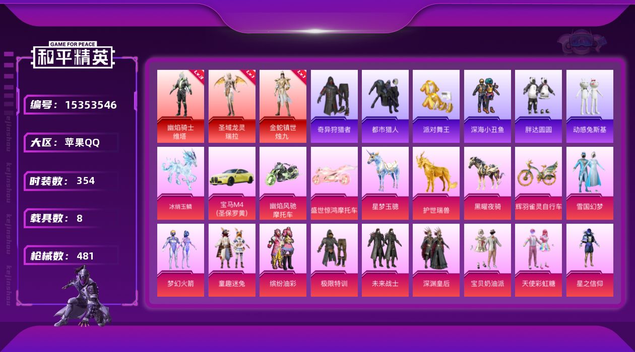 和平精英账号苹果QQ[15353546]苹果 手Q-无敌战神框-3神装-30粉装-24特效枪-8载具-25粉色飞行器-192179热力值-22王牌印记-354套装-481枪皮
【红色神装等级】：圣域龙灵-瑞拉(一级)，金