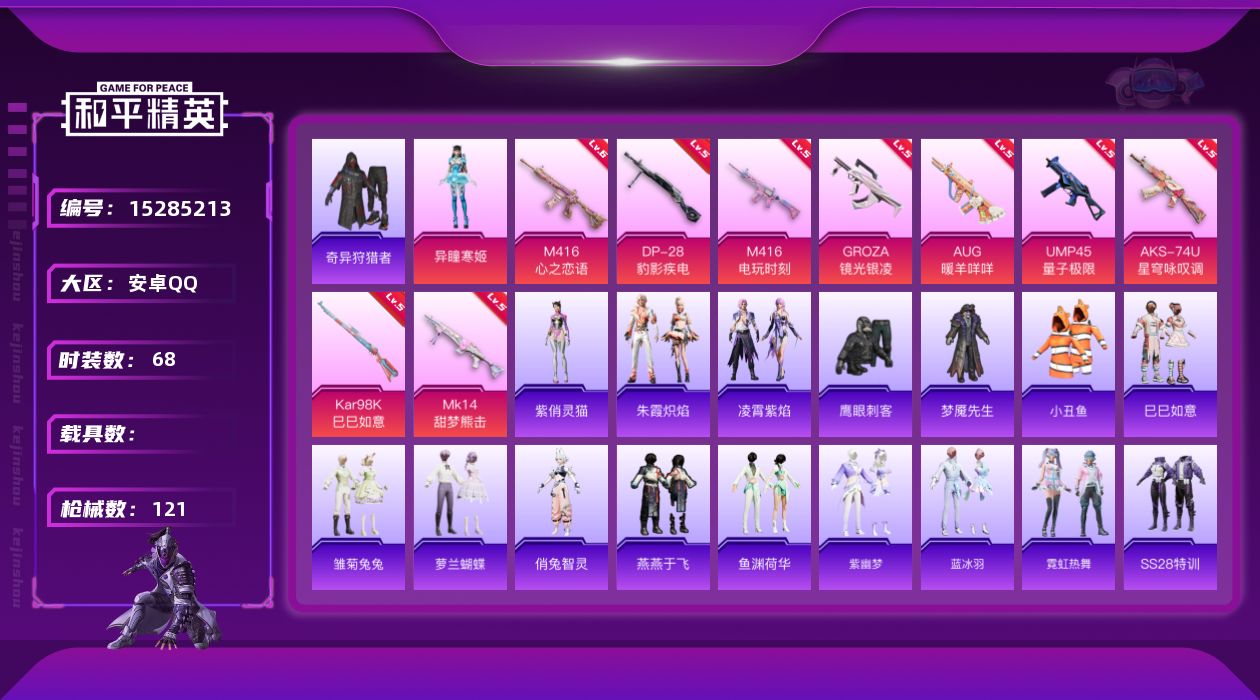 和平精英账号安卓QQDAS8074 可二次 安卓Q-1稀有1粉装9特效枪4热门68套装121枪皮 33664热力值 5印