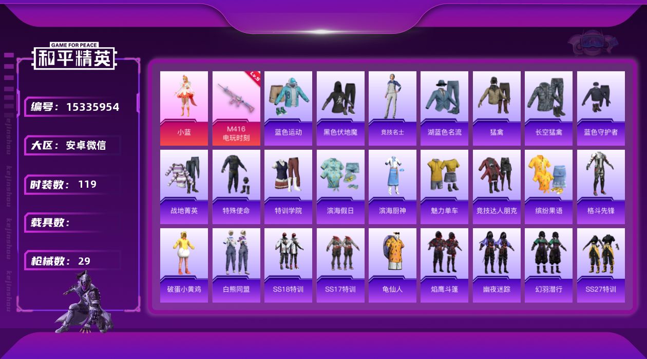 和平精英账号安卓微信[15335954]1粉装 1特效枪 3印记 可二次 
【热门装扮】小蓝
【稀有枪皮】M416电玩时