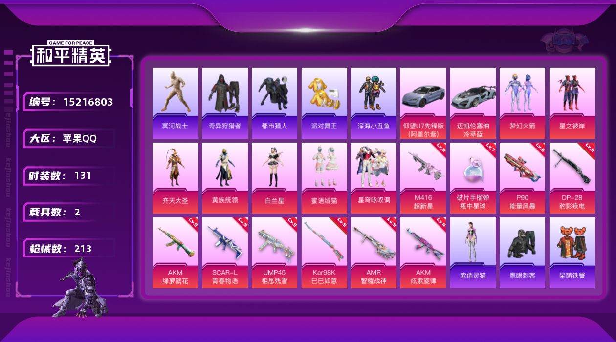 和平精英账号苹果QQ"DAS7701 可二次 苹果Q-8稀有2载具7粉装10特效枪16热门131套装213枪皮 6925