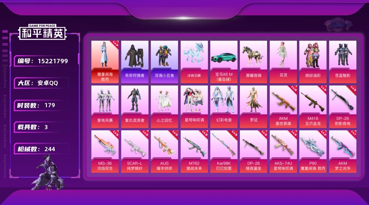 和平精英账号安卓QQ"DAS7802 包人脸 安卓Q-1135红装碎片 1红装3稀有3载具9粉装13特效枪23热门179