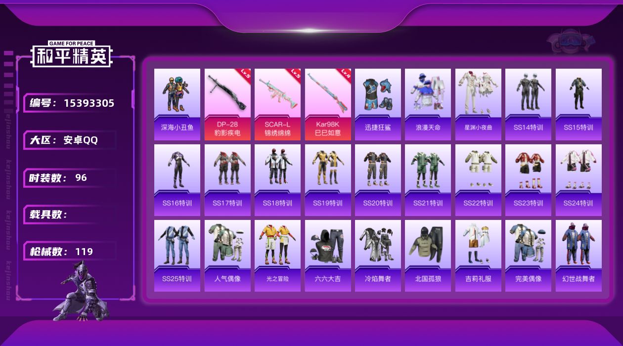 和平精英账号安卓QQ[15393305]安卓 手Q-0粉装-3特效枪-0载具-1粉色飞行器-31229热力值-1王牌印记-96套装-119枪皮
【热门品类】：套装-浪漫天命，套装-深海小丑鱼
【粉色枪皮等级】：SCAR-