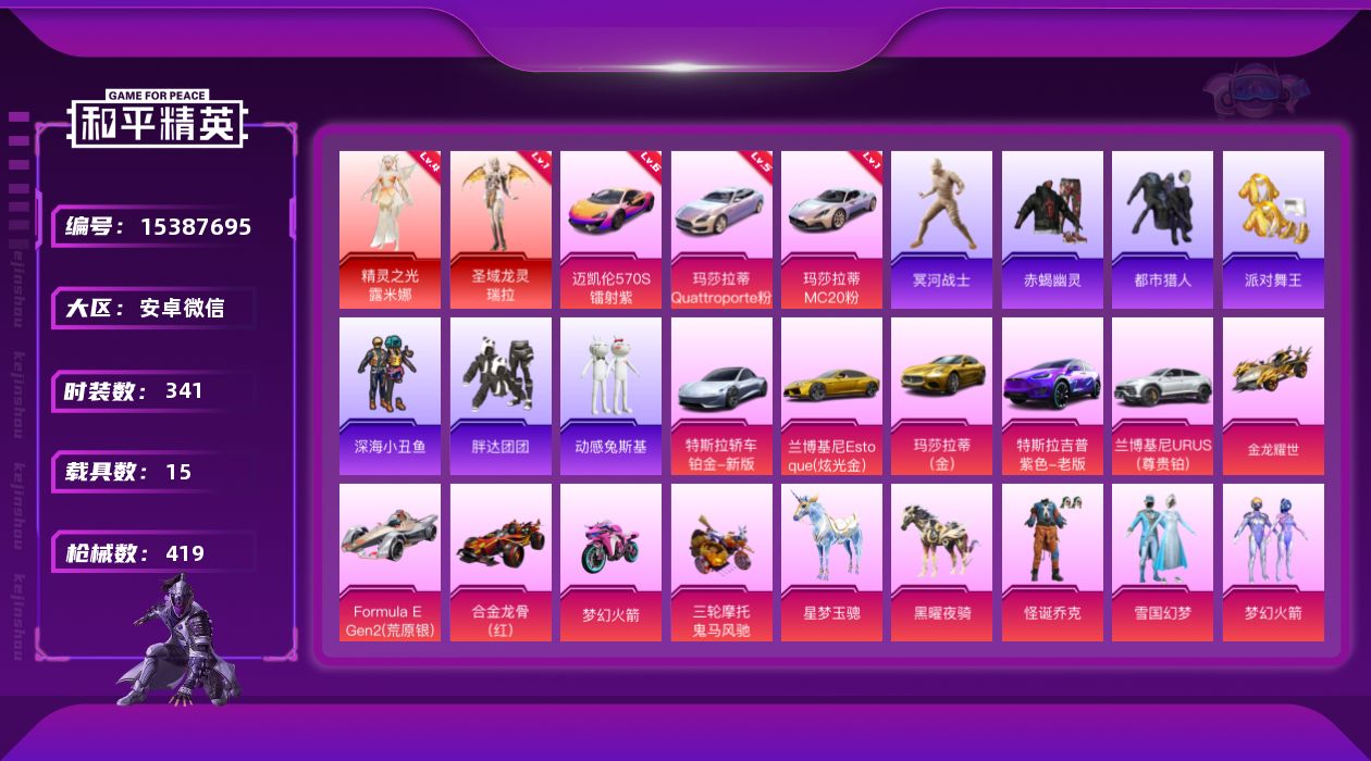 和平精英账号安卓微信[15387695]【特价出售/店主推荐】安卓 微信-无敌战神框-2神装-50粉装-31特效枪-15载具-15粉色飞行器-218487热力值-32王牌印记-341套装-419枪皮
【红色载具】：玛莎拉