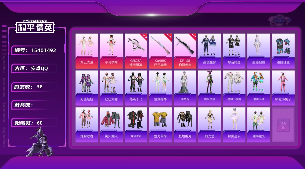 和平精英账号安卓QQ[15401492]【店主推荐捡漏号！可直接换绑】地铁满天赋 安卓 手Q-2粉装-3特效枪-0载具-0粉色飞行器-16731热力值-1王牌印记-38套装-60枪皮
【粉色套装】：粉装-第五大道，角色-