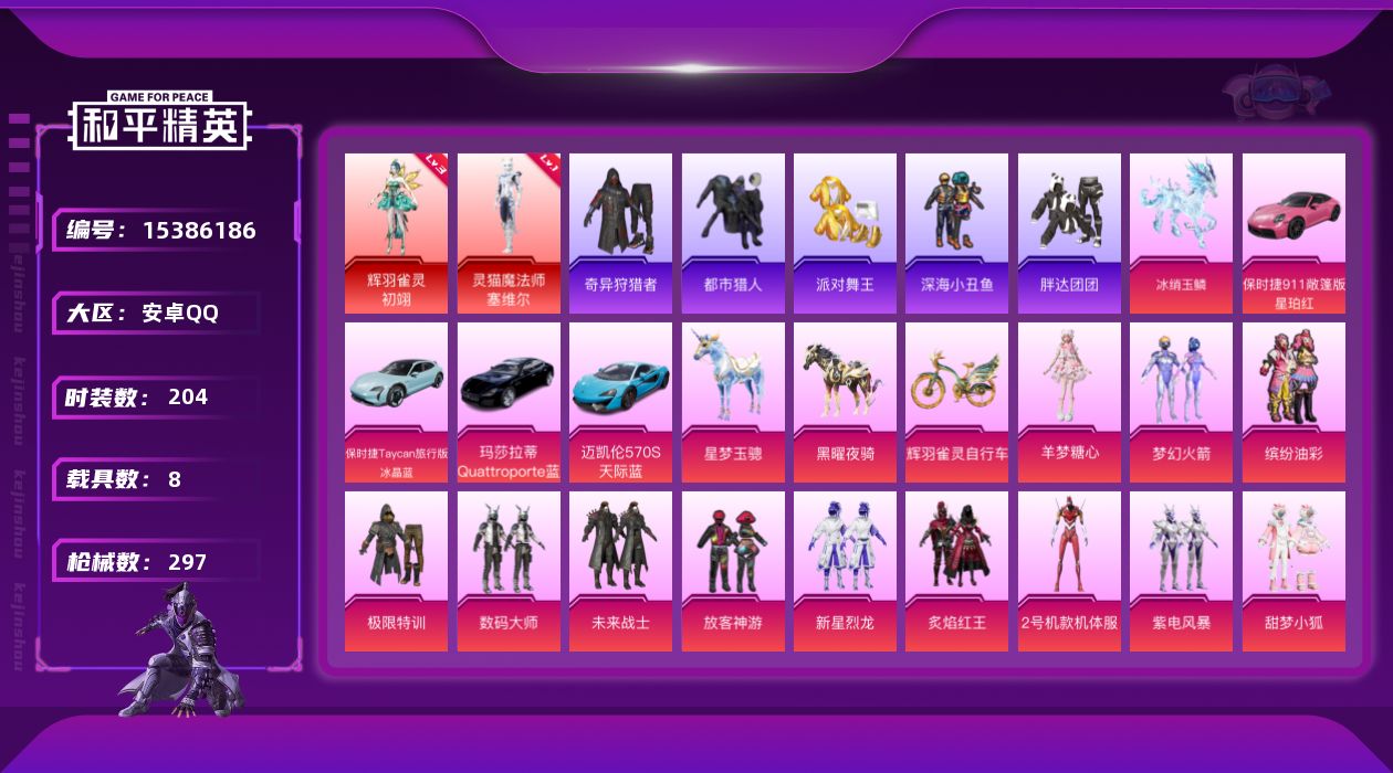 和平精英账号安卓QQ[15386186]【特价出售/店主推荐】安卓 手Q-2神装-21粉装-12特效枪-8载具-1僚机-14粉色飞行器-116558热力值-14王牌印记-204套装-297枪皮
【红色神装等级】：灵猫魔法