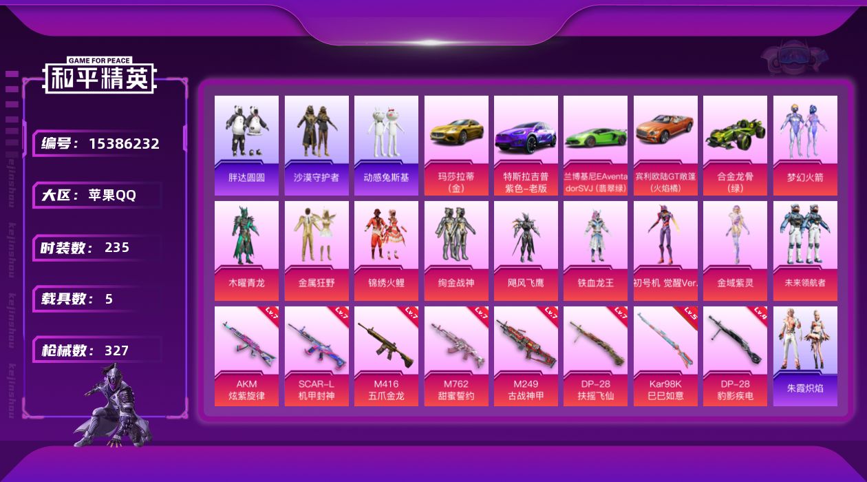 和平精英账号苹果QQ[15386232]【特价出售/店主推荐】苹果 手Q-10粉装-8特效枪-5载具-3粉色飞行器-12w热力值-27王牌印记-235套装-327枪皮
【热门品类】：粉装-梦幻火箭，套装-胖达圆圆，套装-