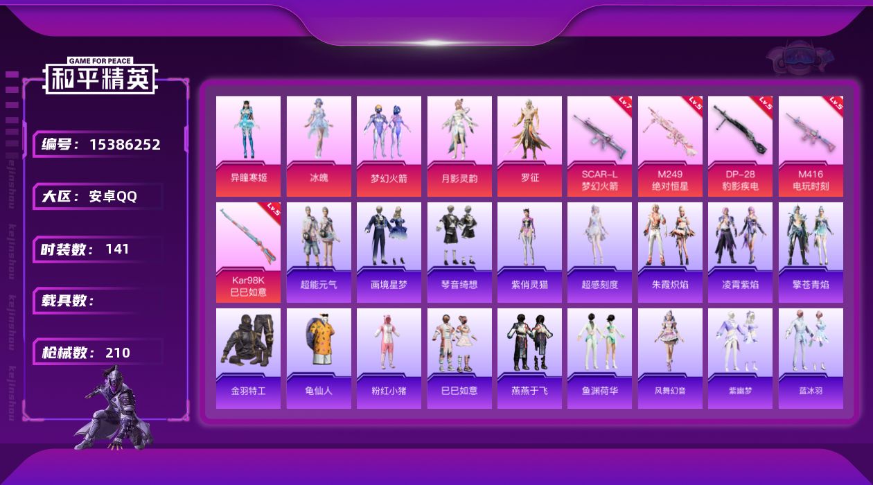 和平精英账号安卓QQ[15386252]【特价出售/店主推荐】 地铁满天赋 安卓 手Q-5粉装-5特效枪-0载具-5粉色飞行器-6.2w热力值-17王牌印记-141套装-210枪皮【热门品类】：粉装-梦幻火箭，套装-金羽