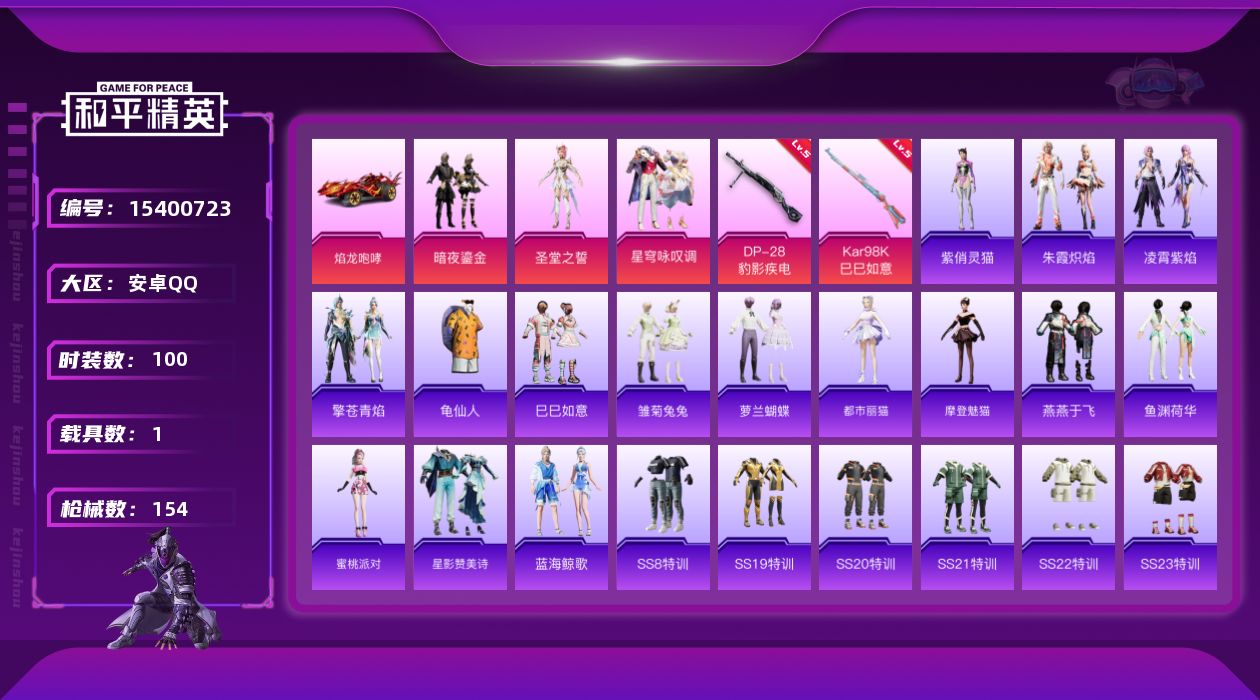 和平精英账号安卓QQ[15400723]【店主推荐捡漏号！可直接换绑】安卓 手Q-3粉装-2特效枪-1载具-1粉色飞行器-43428热力值-5王牌印记-100套装-154枪皮
【热门品类】：套装-龟仙人
【粉色套装】：粉