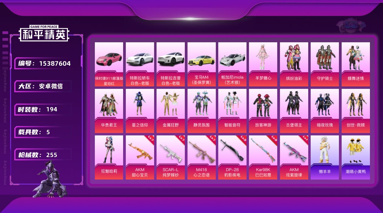 和平精英账号安卓微信[15387604]【特价出售/店主推荐】安卓 微信-14粉装-6特效枪-5载具-5粉色飞行器-9.2w热力值-12王牌印记-194套装-255枪皮
【热门品类】：粉装-缤纷油彩，套装-龟仙人，套装-