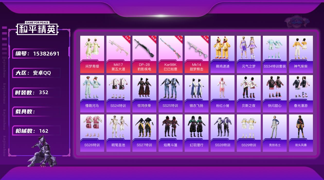 和平精英账号安卓QQ[15382691]实名: 可修改 时装数: 84 枪械数: 160 战备数: 94 热门装扮: 闲