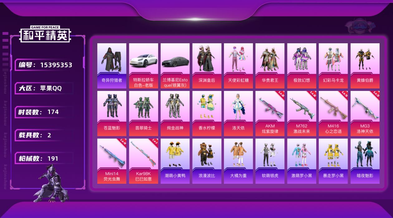 和平精英账号苹果QQ[15395353]捡漏海外不弹！转不了区！巡查员上衣！11粉装-6特效枪-2载具-2粉色飞行器-71333热力值-15王牌印记-174套装-191枪皮
【热门品类】：绝对防御上衣，套装-小丑鱼，套装