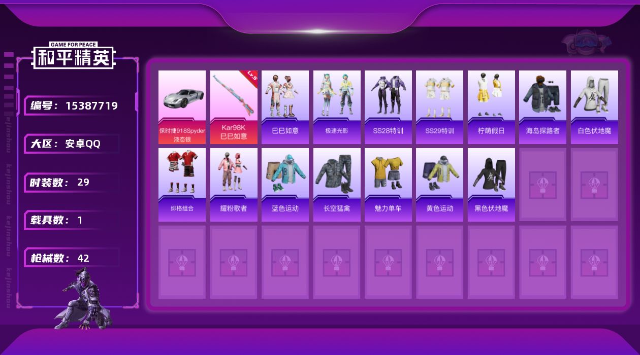 和平精英账号安卓QQ[15387719]【店主推荐捡漏号！可直接换绑】安卓 手Q-0粉装-1特效枪-1载具-1粉色飞行器-13205热力值-1王牌印记-29套装-42枪皮
【粉色枪皮等级】：Kar98K-巳巳如意(五级)