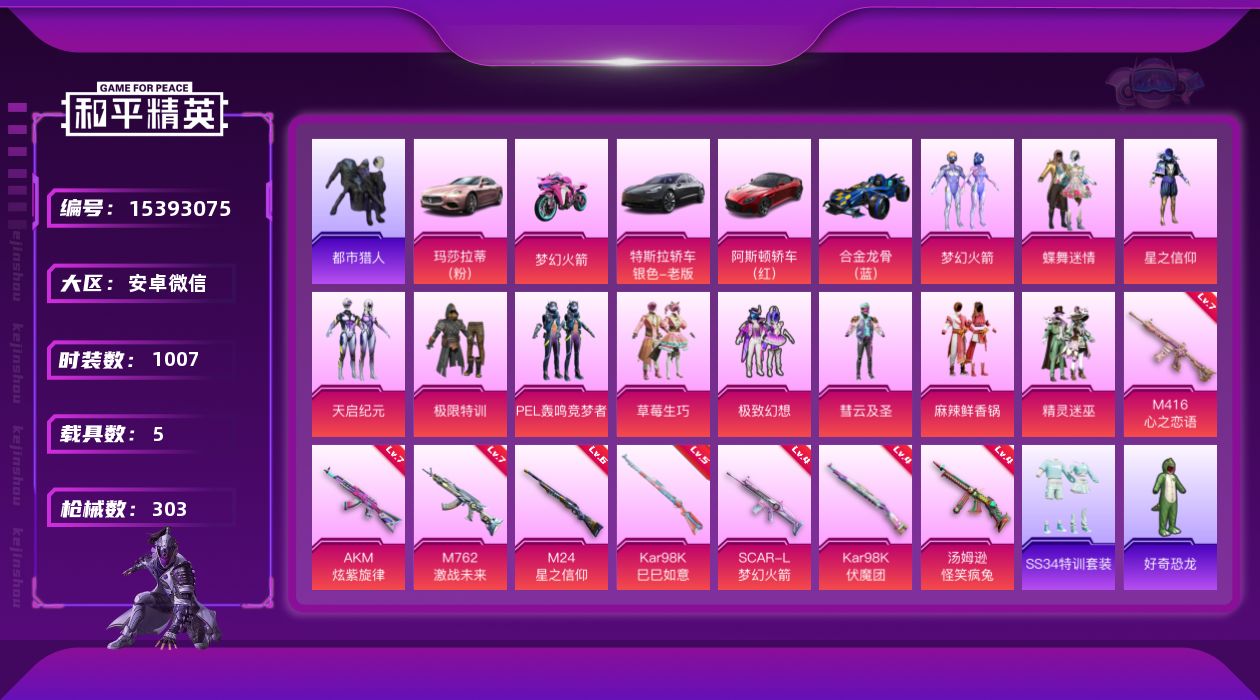 和平精英账号安卓微信[15393075]时装数: 1007 载具数: 5 枪械数: 303 战备数: 204 热门装扮: