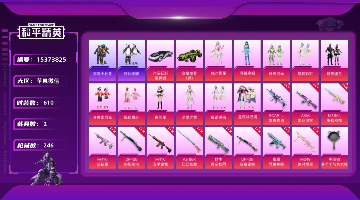 和平精英账号苹果微信[15373825]11粉装 12特效枪 2载具 21印记 可二次 
【热门装扮】异瞳寒姬,绝对恒星