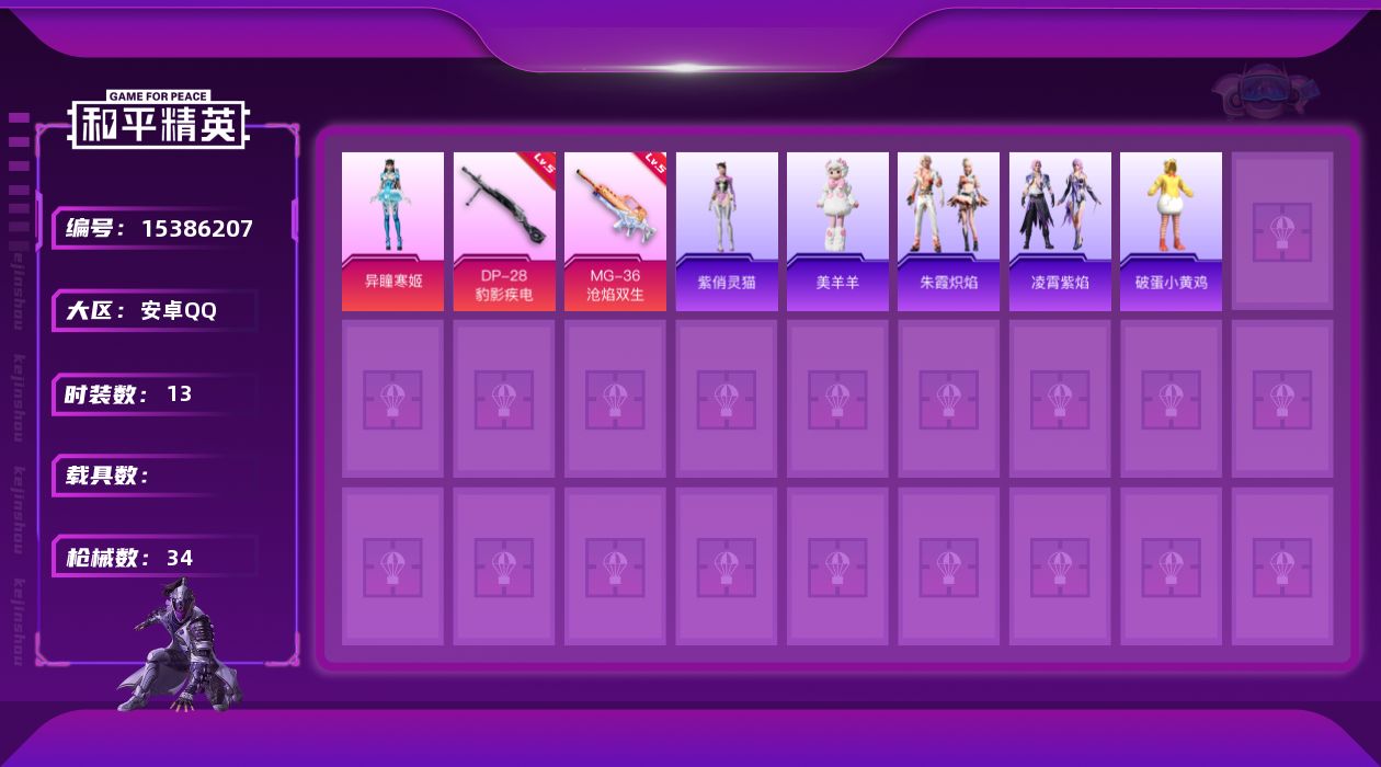 和平精英账号安卓QQ[15386207]【特价出售/店主推荐】地铁满天赋 安卓 手Q-1粉装-2特效枪-0载具-1粉色飞行器-8q热力值-2王牌印记-13套装-34枪皮【粉色套装】：角色-异瞳寒姬【粉色枪皮等级】：DP-