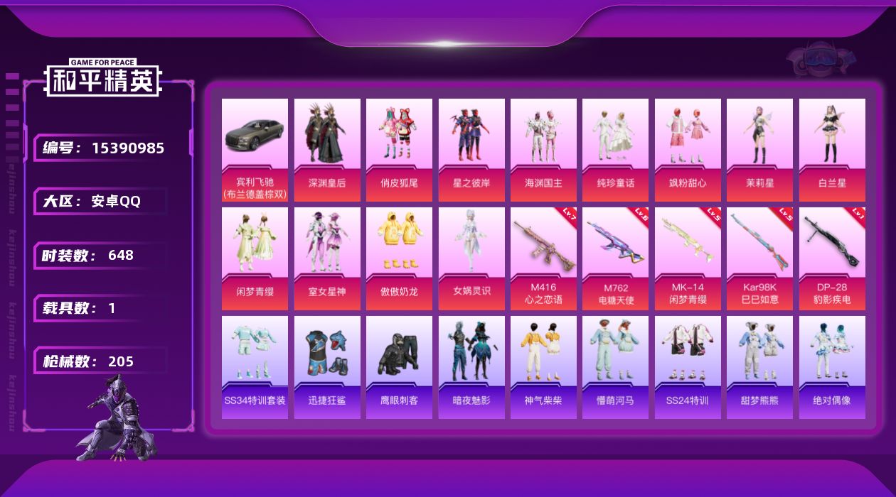 和平精英账号安卓QQ[15390985]时装数: 648 载具数: 1 枪械数: 205 战备数: 168 热门装扮: 
