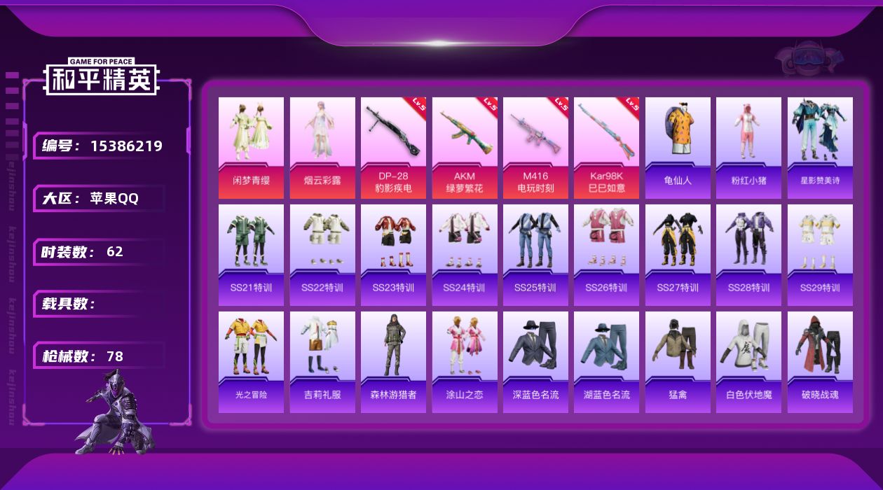 和平精英账号苹果QQ[15386219]【店主推荐捡漏号！可直接换绑】苹果 手Q-2粉装-4特效枪-0载具-1粉色飞行器-22837热力值-7王牌印记-62套装-78枪皮
【热门品类】：套装-龟仙人，套装-粉红小猪
【粉