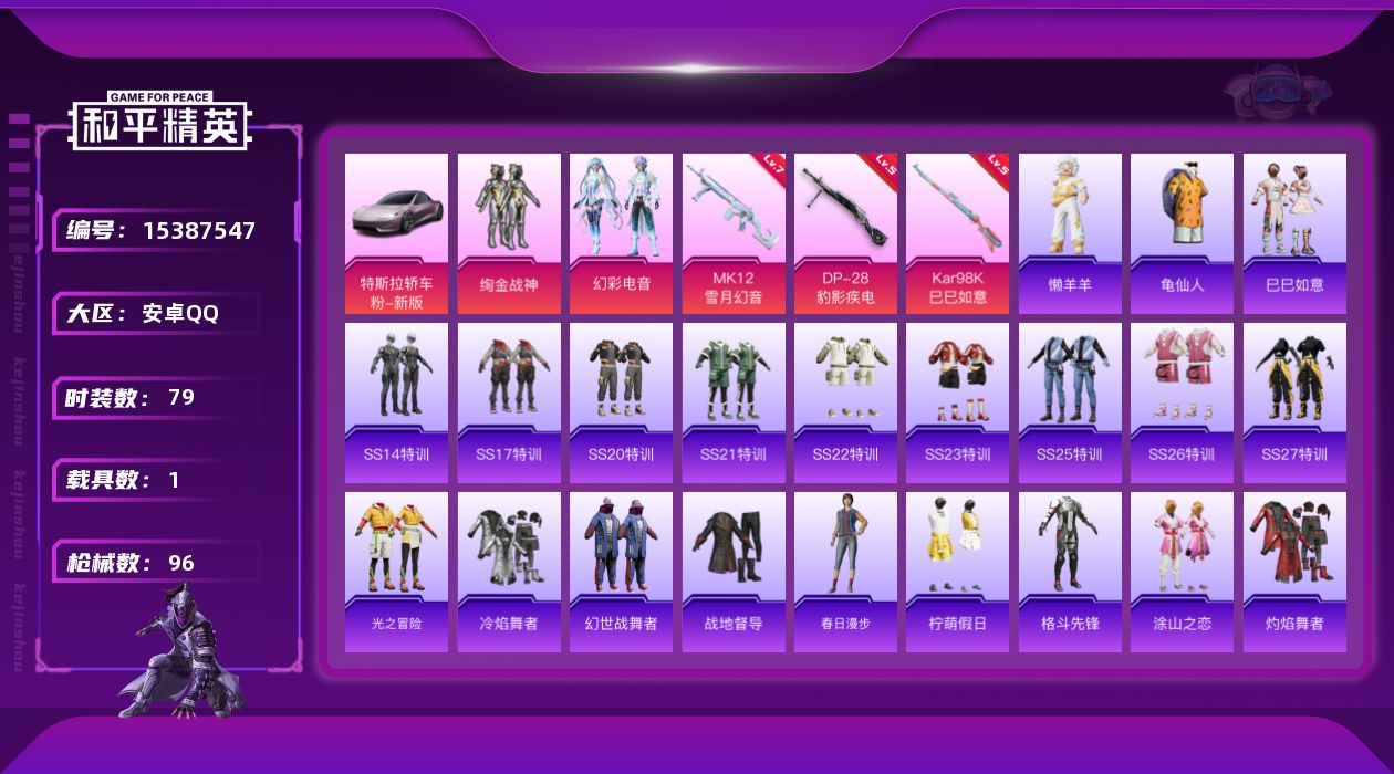 和平精英账号安卓QQ[15387547]【店主推荐捡漏号！可直接换绑】安卓 手Q-2粉装-3特效枪-1载具-2粉色飞行器-31009热力值-5王牌印记-79套装-96枪皮
【热门品类】：套装-龟仙人
【粉色套装】：粉装-