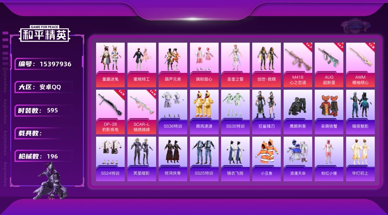 和平精英账号安卓QQ[15397936]时装数: 152 枪械数: 196 战备数: 126 热门装扮: 童趣迷兔,蜜桃
