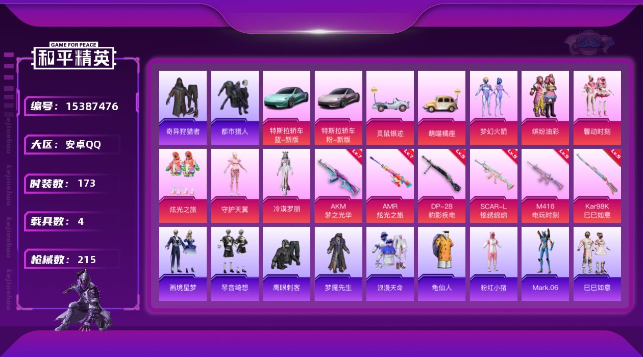 和平精英账号安卓QQ[15387476]【特价出售/店主推荐】安卓 手Q-6粉装-6特效枪-4载具-2粉色飞行器-7.2w热力值-14王牌印记-173套装-215枪皮
【热门品类】：粉装-梦幻火箭，粉装-缤纷油彩，套装-