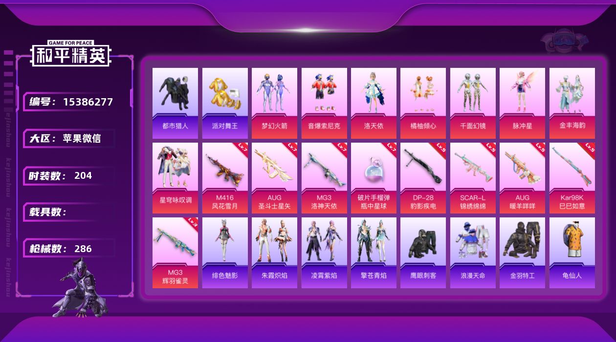 和平精英账号苹果微信[15386277]【特价出售/店主推荐】苹果 微信-8粉装-9特效枪-5粉色飞行器-9.1w热力值-17王牌印记-204套装-286枪皮
【热门品类】：粉装-梦幻火箭，粉装-音爆索尼克，套装-浪漫天
