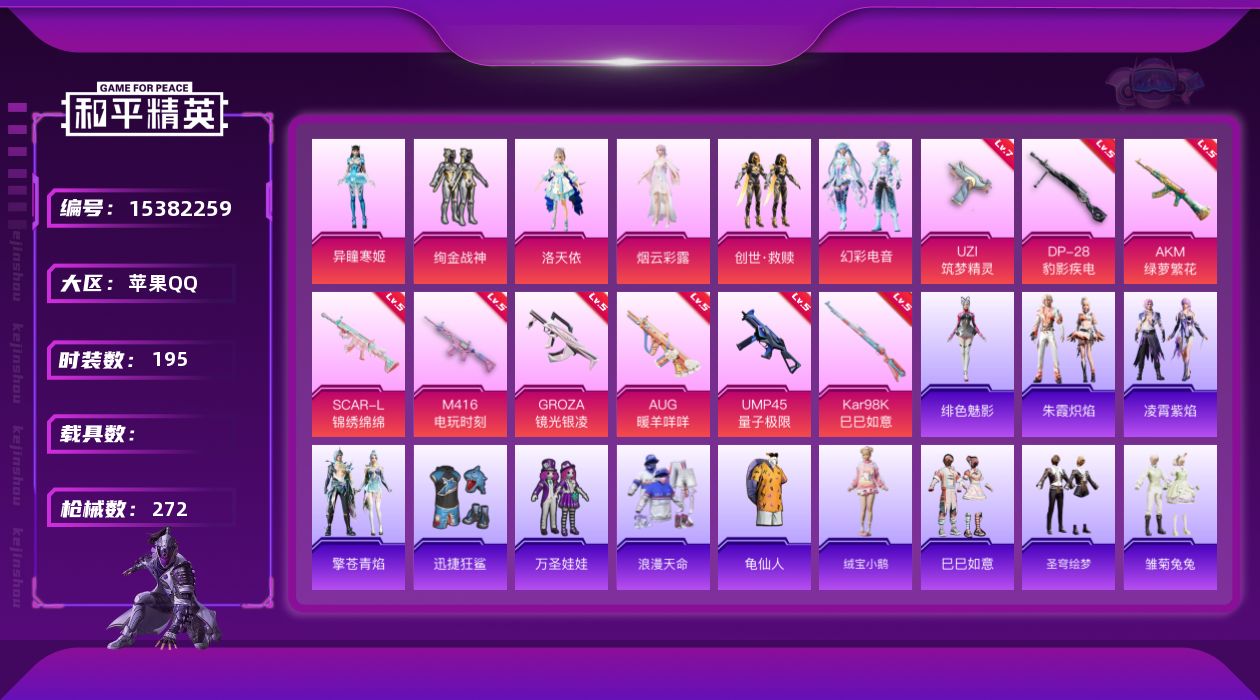 和平精英账号苹果QQ[15382259]【特价出售/店主推荐】苹果 手Q-7粉装-9特效枪-0载具-6粉色飞行器-90118热力值-18王牌印记-195套装-272枪皮【热门品类】：套装-浪漫天命，套装-龟仙人【粉色套装