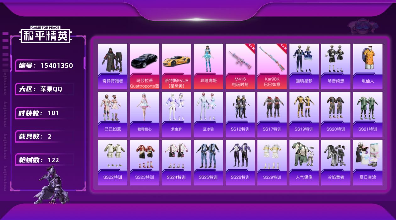 和平精英账号苹果QQ[15401350]【特价出售/店主推荐】 苹果 手Q-1粉装-2特效枪-2载具-0粉色飞行器-3.7w热力值-4王牌印记-101套装-122枪皮【热门品类】：套装-奇异狩猎者，套装-龟仙人【粉色套装