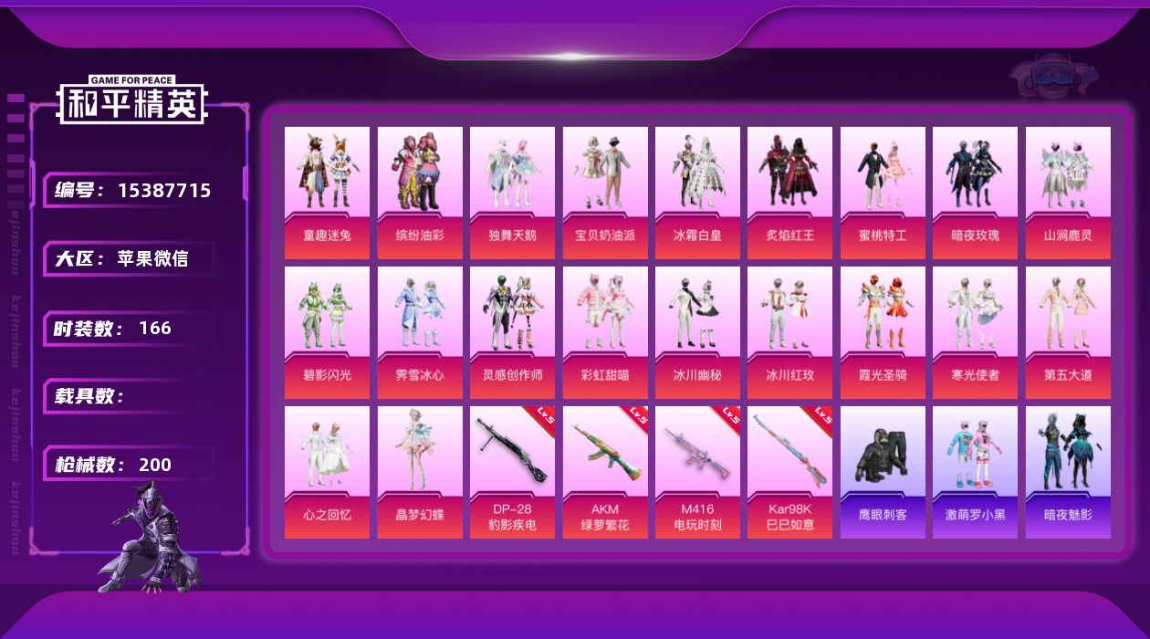 和平精英账号苹果微信[15387715]【特价出售/店主推荐】苹果 微信-20粉装-4特效枪-0载具-2粉色飞行器-71084热力值-11王牌印记-166套装-200枪皮
【热门品类】：粉装-童趣迷兔，粉装-缤纷油彩，套