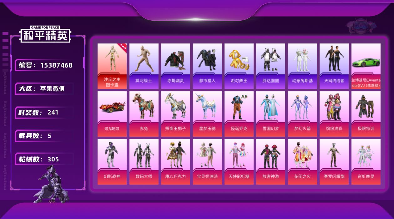 和平精英账号苹果微信[15387468]【特价出售/店主推荐】苹果 微信-无敌战神框-1神装-23粉装-20特效枪-5载具-11粉色飞行器-121253热力值-12王牌印记-241套装-305枪皮
【红色神装等级】：沙丘