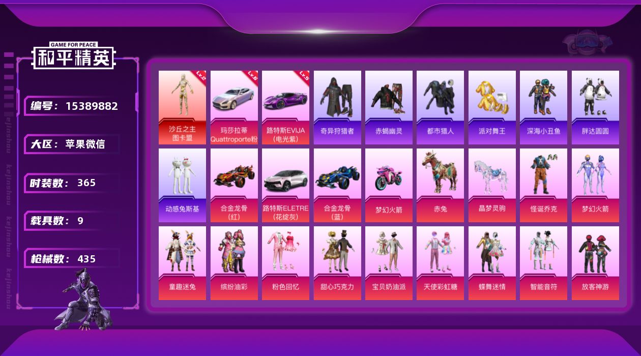 和平精英账号苹果微信[15389882]素材身法号/路特斯EVIJA（电光紫）(五级)/玛莎拉蒂Quattroporte（幻星粉）(六级)/无敌战神框1/绝世印记11 /地铁满天赋 苹果 微信-无敌战神框-1神装-51粉